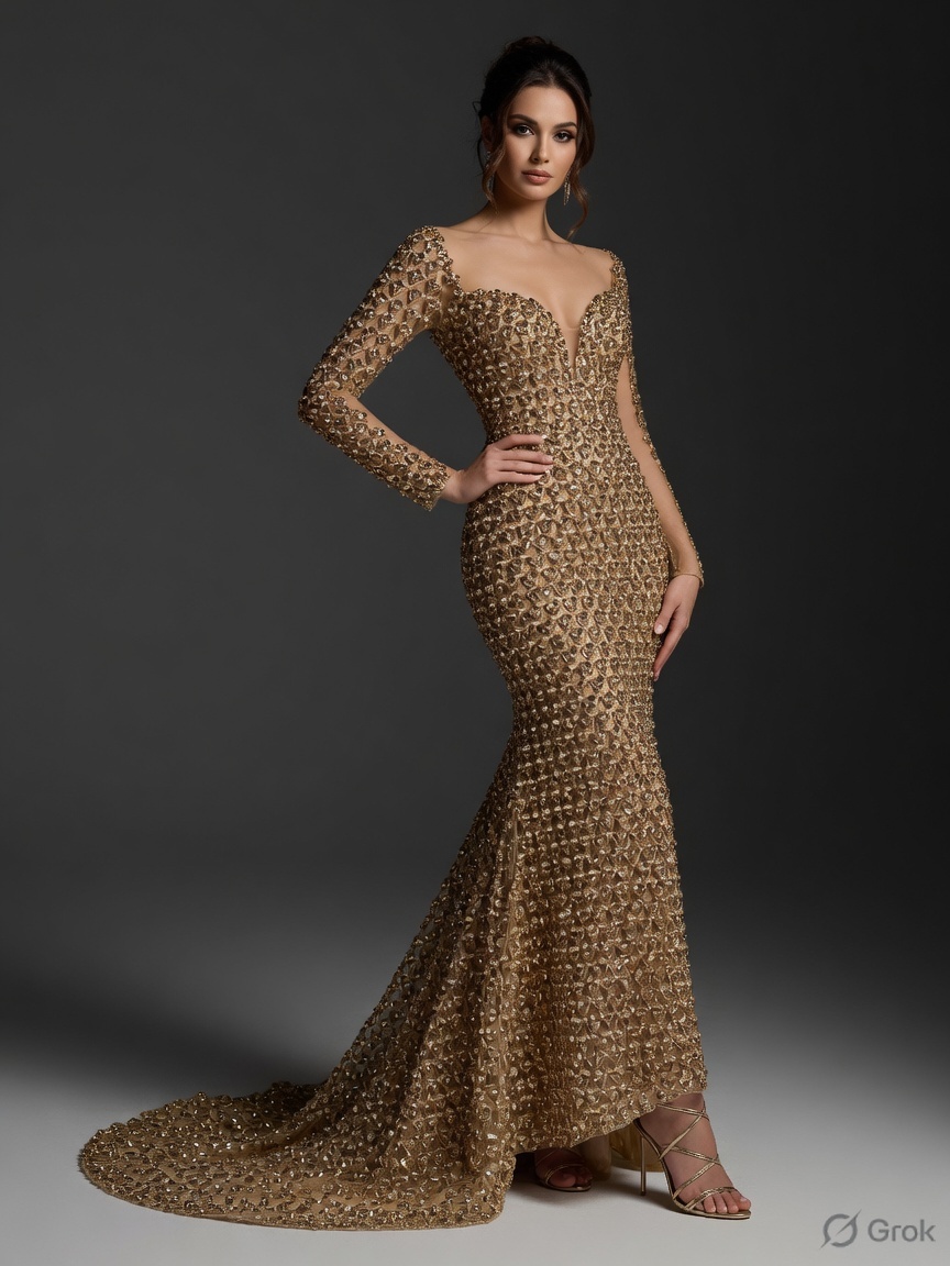 Gold crystal lace as an evening dress