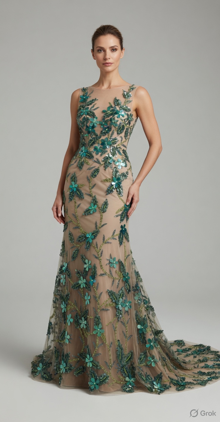 Teal leaf as an evening dress